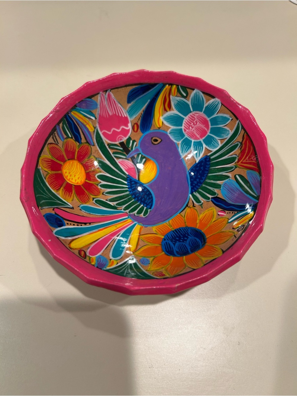 Vtg hand-painted Mexican Talavera pottery footed bowl hummingbird flower 5.5”
